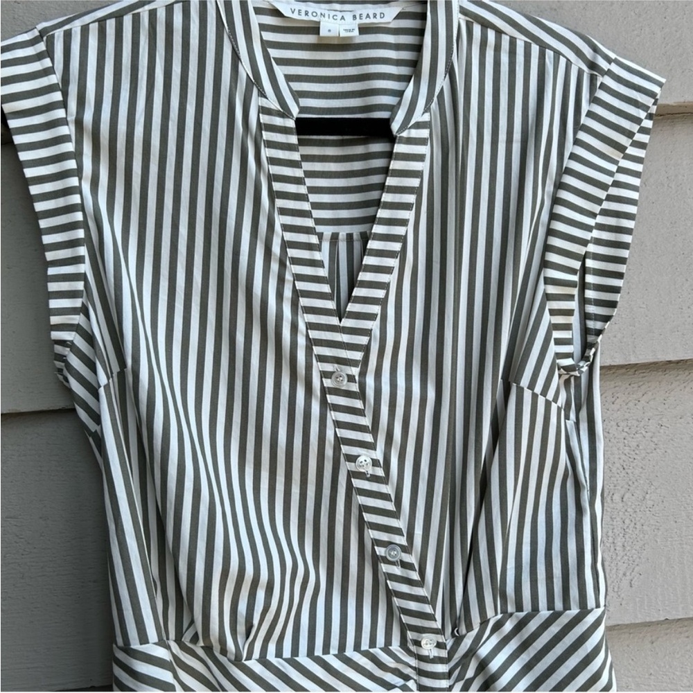 Veronica Beard Ruched Striped Shirtdress White & Olive Green Size 8 - Picture 4 of 13